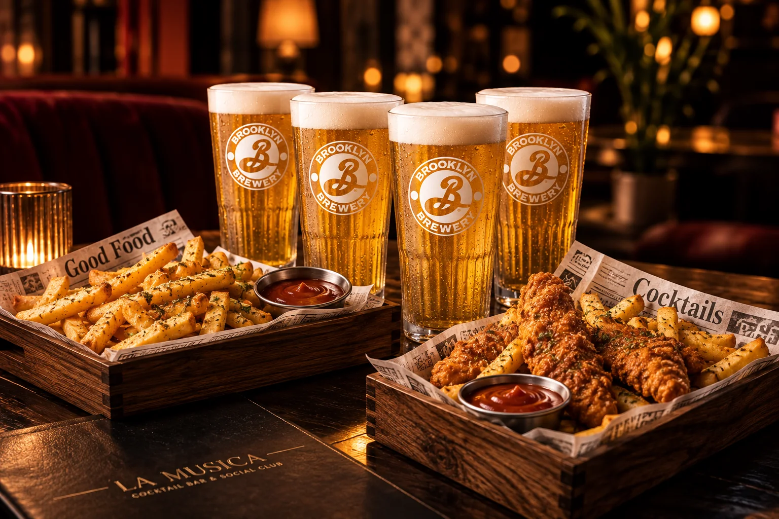 Brooklyn Pilsner z frytkami i panierowanymi polędwiczkami w La Musica Cocktail Bar & Social Club w Legnicy